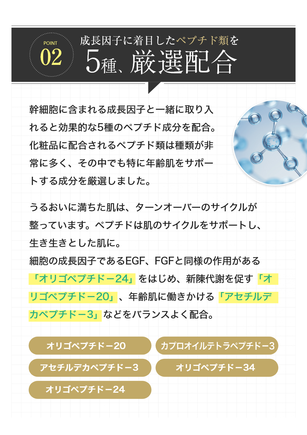 成長因子に着目したペプチド類を5種、厳選配合